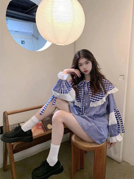 Plaid Shirts Lace Patchwork Ruffles Peter Pan Collar Long Sleeve Spring Sweet Bandage Loose Blouse Female Tops