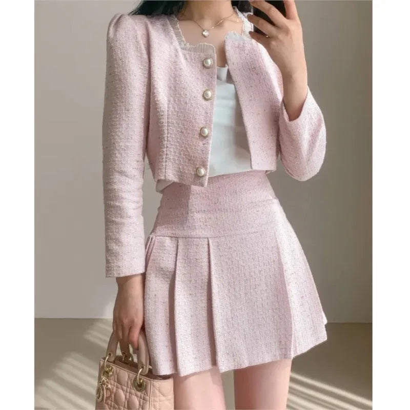 Korean Tweed Short Jacket Cropped Coats + High Waist Mini Skirts Suits Autumn New Slim Two-piece Sets