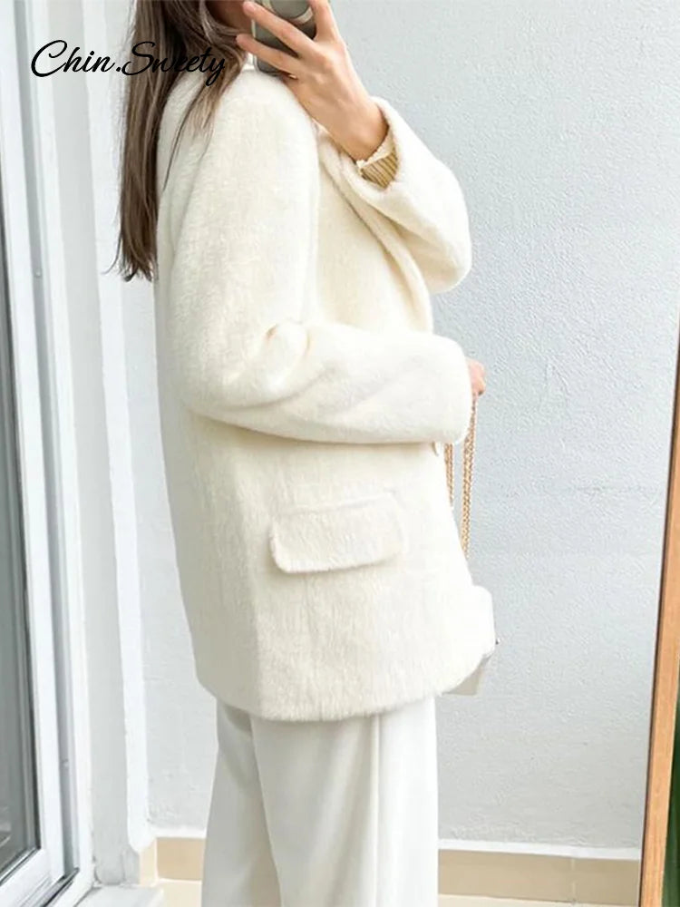 White Mohair Blazer Coat Loose Lapel Single-breasted Long Sleeve Thick Warm Jackets New Office Lady Street Outerwear