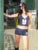 Letter Print 2 Piece Set Classic Halter V-neck Crop Tanks+buttons High Waist Shorts Female Summer New