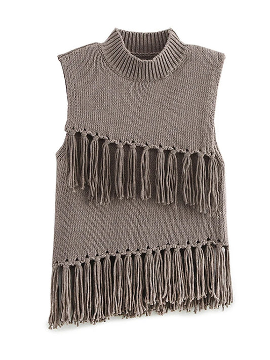 Knitted Sleeveless Tassel Sweater Turtleneck Pullover Sweaters Female Spring Design Street Tops