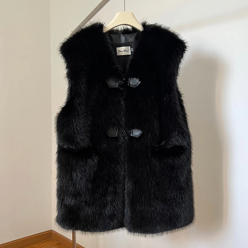 Brand Horn Buttons Long Faux Mink Fur Vest Tops Winter Sleeveless Overcoats Shaggy Waistcoat Gilets Casaco
