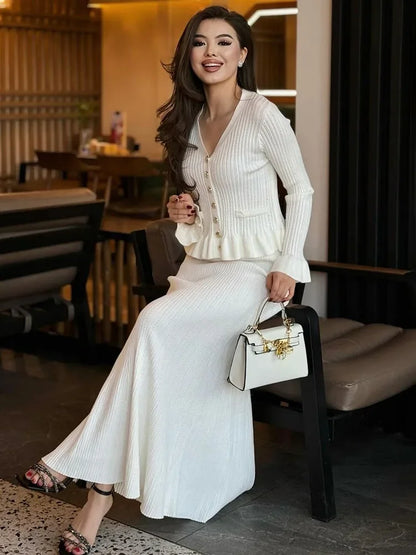 Ruffle Slim Knitted Dress ’s V Neck Long Sleeve Mermaid Long Dresses Elastic Button Patchwork Party Dress