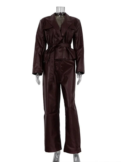Pu 2 Piece-set Trousers Female Lace-up Pocket Outwear Autumn Patchwork ’s Pants Sets