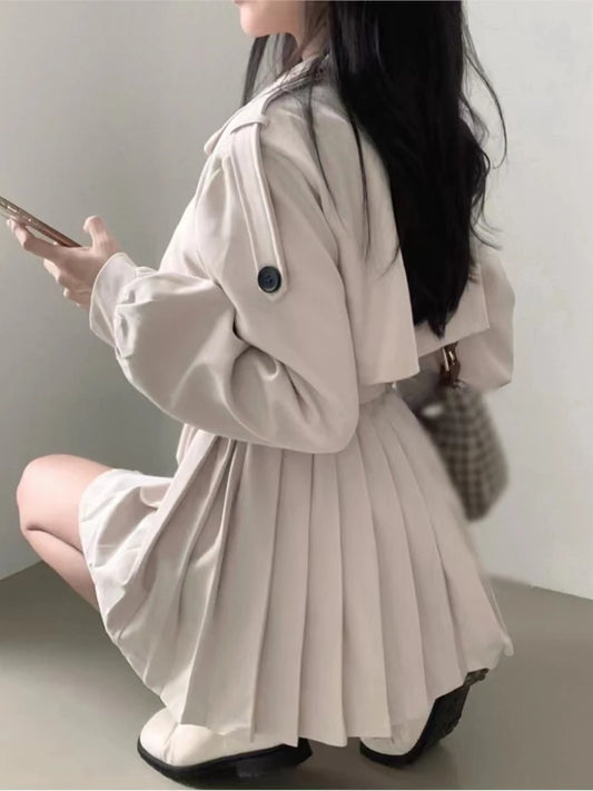 Autumn Korean Trench Coat Pleated Dresses for Belt Turn-down Collar Double Breasted Female Vestidos New