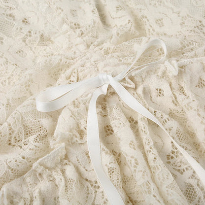 Low Waist Drawstring Pleated Kneelength Skirt Spring New Korean Hollow Color Lace Aline Skirt