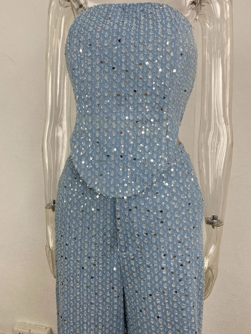 Sequins Denim Set Strapless Tunic Waist Crop Top and Wide Leg Pant Suit New 2 Piece Sets Outfits Tracksuit