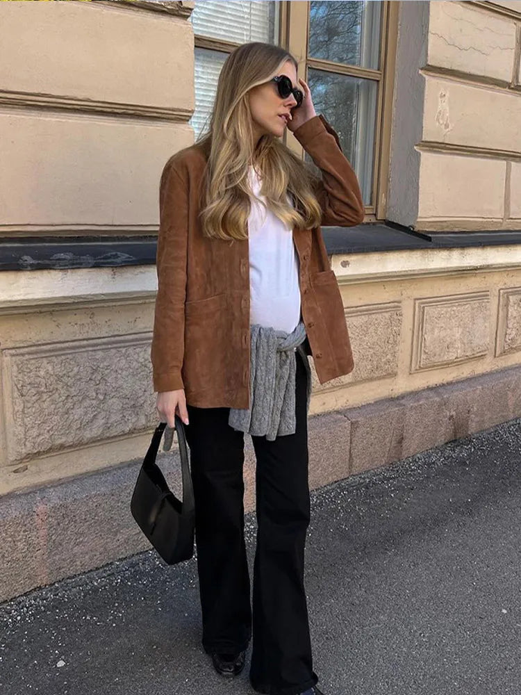 Suede Long Sleeve Jackets Autumn Loose Brown Lapel Coat Top With Pockets Female Street New in Outwear