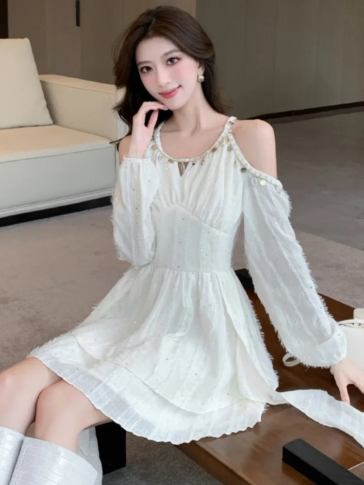 Princess Mini Dress for Sequin Off Shoulder Ruffle Long Sleeve Aline Vestidos Korean Female Short Dresses