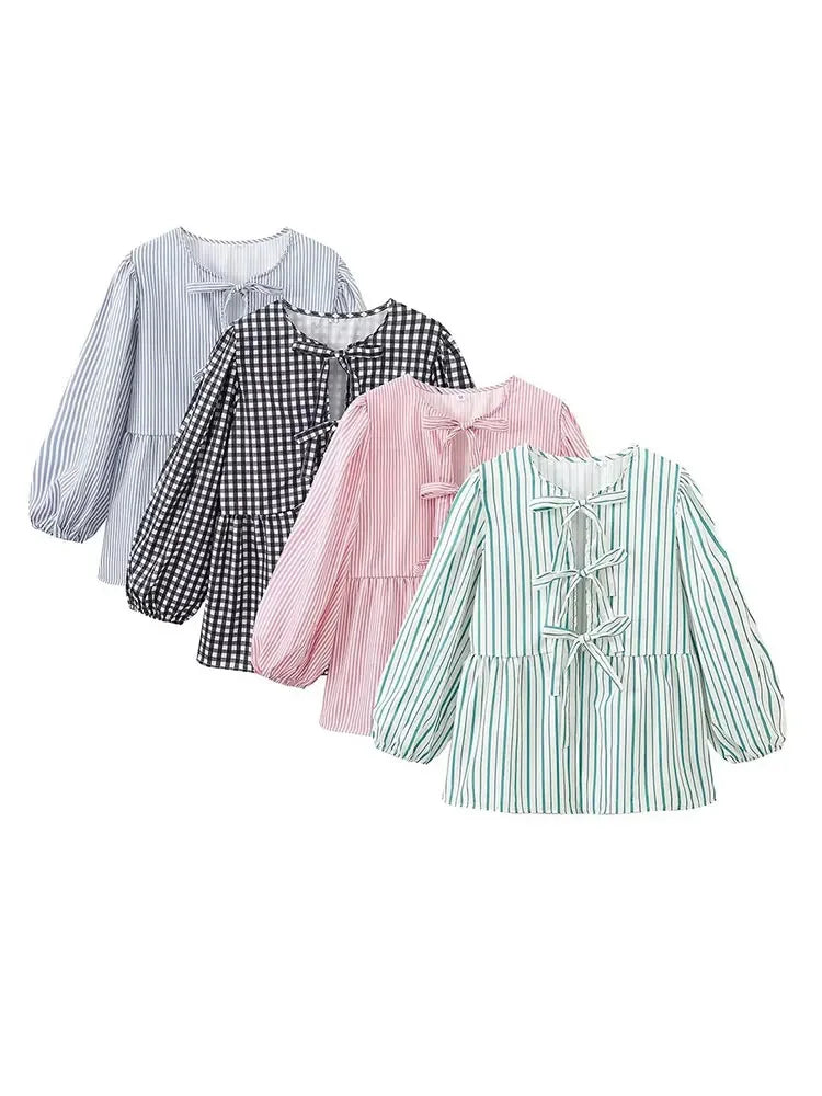 Summer Woman Bow Tied Lace Up Shirts Puff Short Sleeves Blouse Oneck Ruffle Color Tops