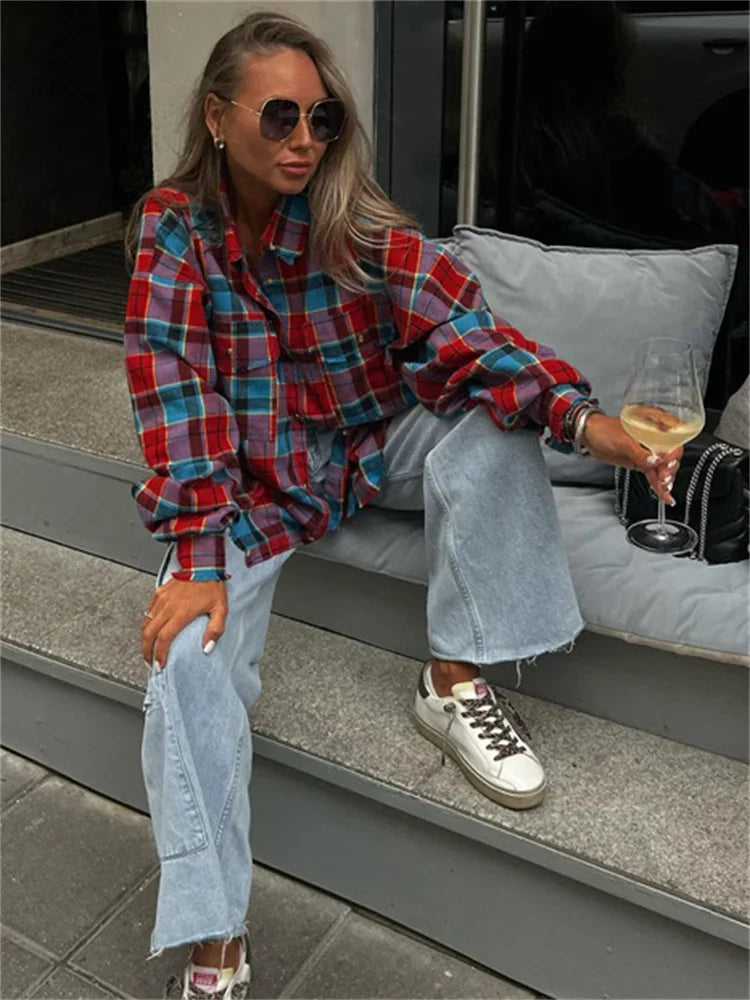 Patchwork Loose Shirts Female Patchwork Pocket Long Sleeve Contrast Autumn Outwear ’s Shirts Tee