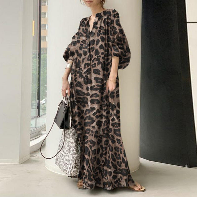 Leopard Print Long Dresses Temperament V-neck Puff Sleeves Loose Dress Style Vestidos Spring New