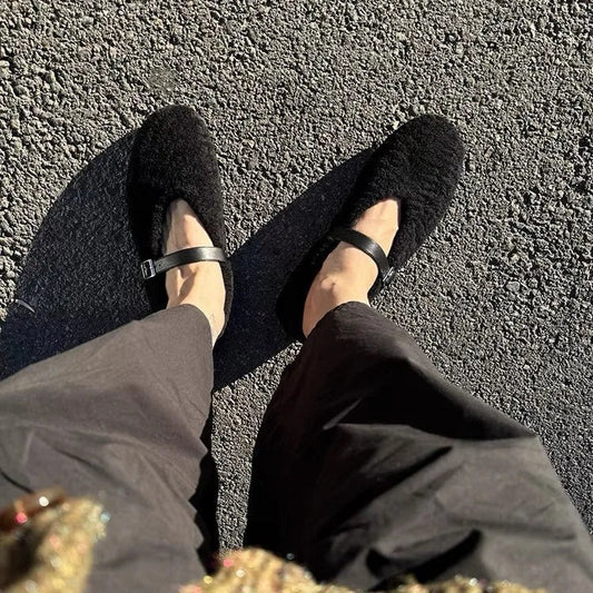 New Foreign Trade Hairy Shoes for , Mary Jane Shoes, Sheep Fur One Step Shoes, Red Single Shoes