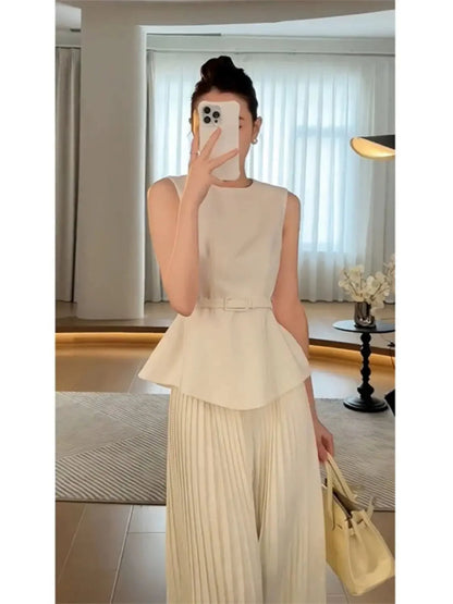 Sleeveless Top Waist Belted Slim Tank Top Pleated Wide Leg Pants Set Commuting Professional Two Piece Set Outfits