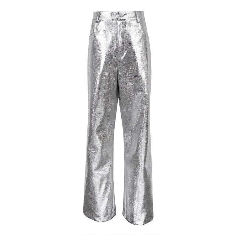 Silver Pu Pants Autumn Winter High Waist Loose Straight Trousers Party Y2k Girl Pants Trousers