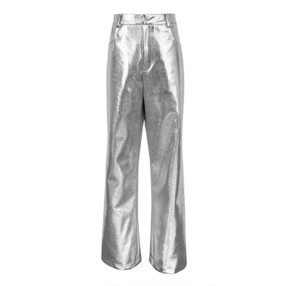 Silver Pu Pants Autumn Winter High Waist Loose Straight Trousers Party Y2k Girl Pants Trousers