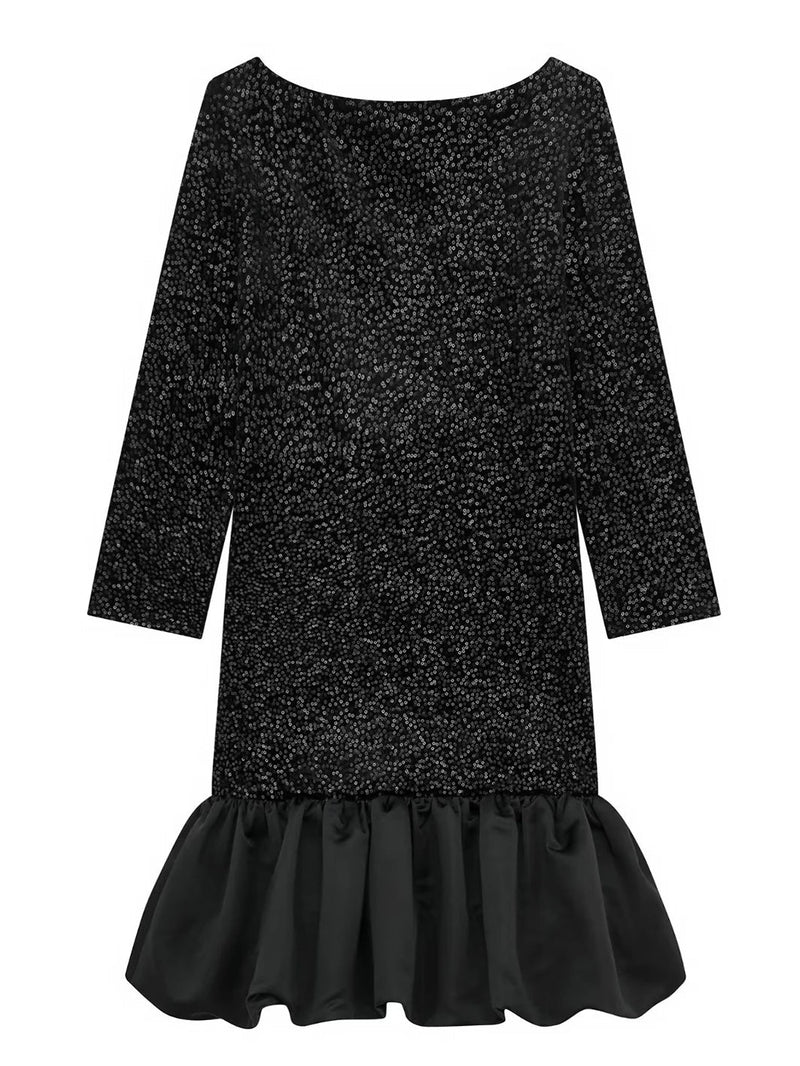 Sequined Patchwork Mini Dress Woman Backless Laceup Long Sleeve Oneck Short Vestidos Evening Party Dresses