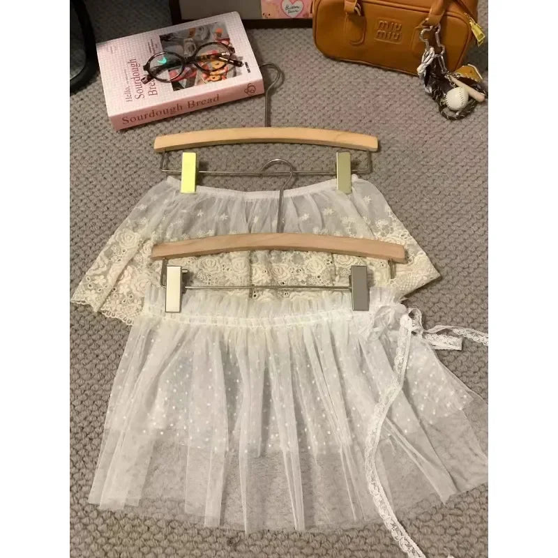 Korean Polka Dot Mesh Color Aline Skirt Spring New High Waist Hollow Seethrough Mini Skirt