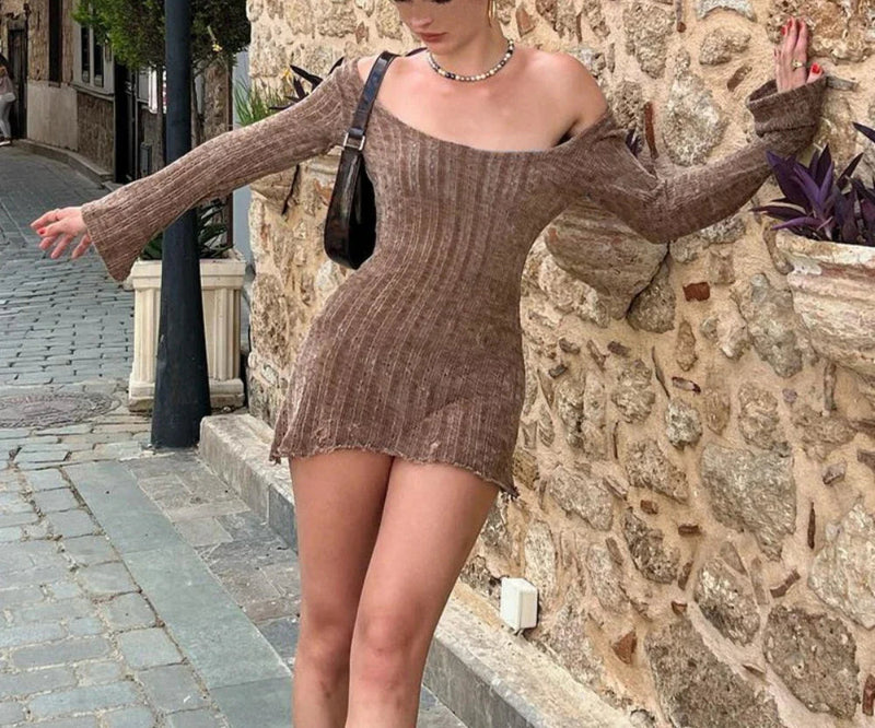 Autumn Long Sleeve Dresses Brown Y2k Mini Dress Clothing Outfit Bodycon Short Clothes