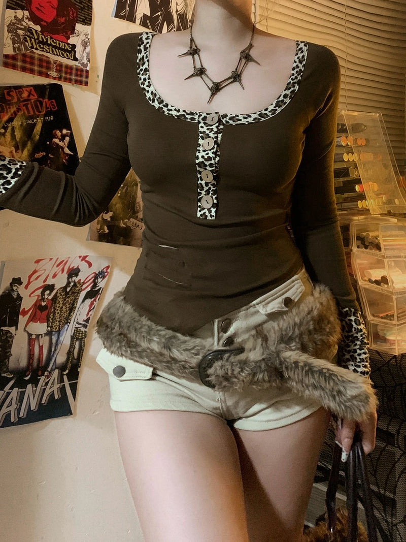 Y2k Retro Irregular ��s Tops Long Sleeve Patchwork Leopard Square Collar Button Ripped T-shirts