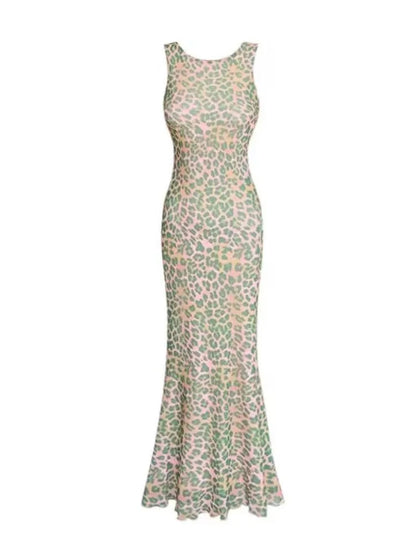 Y2k American Slim Party Dress Office Lady Causal Leopard Print Dress Summer Korean Midi Dress