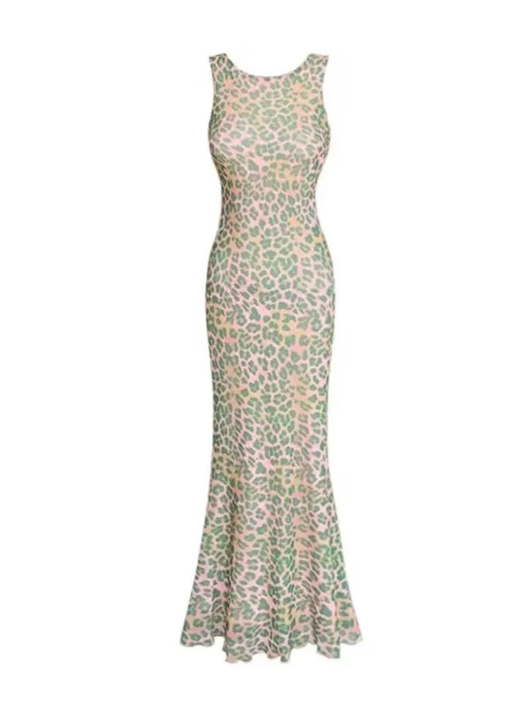 Y2k American Slim Party Dress Office Lady Causal Leopard Print Dress Summer Korean Midi Dress