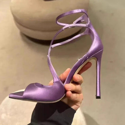 Silk Thin High Heels Brand Banquet Dress Shoes Open Toe Crosstied Pumps Designer Sandals Female