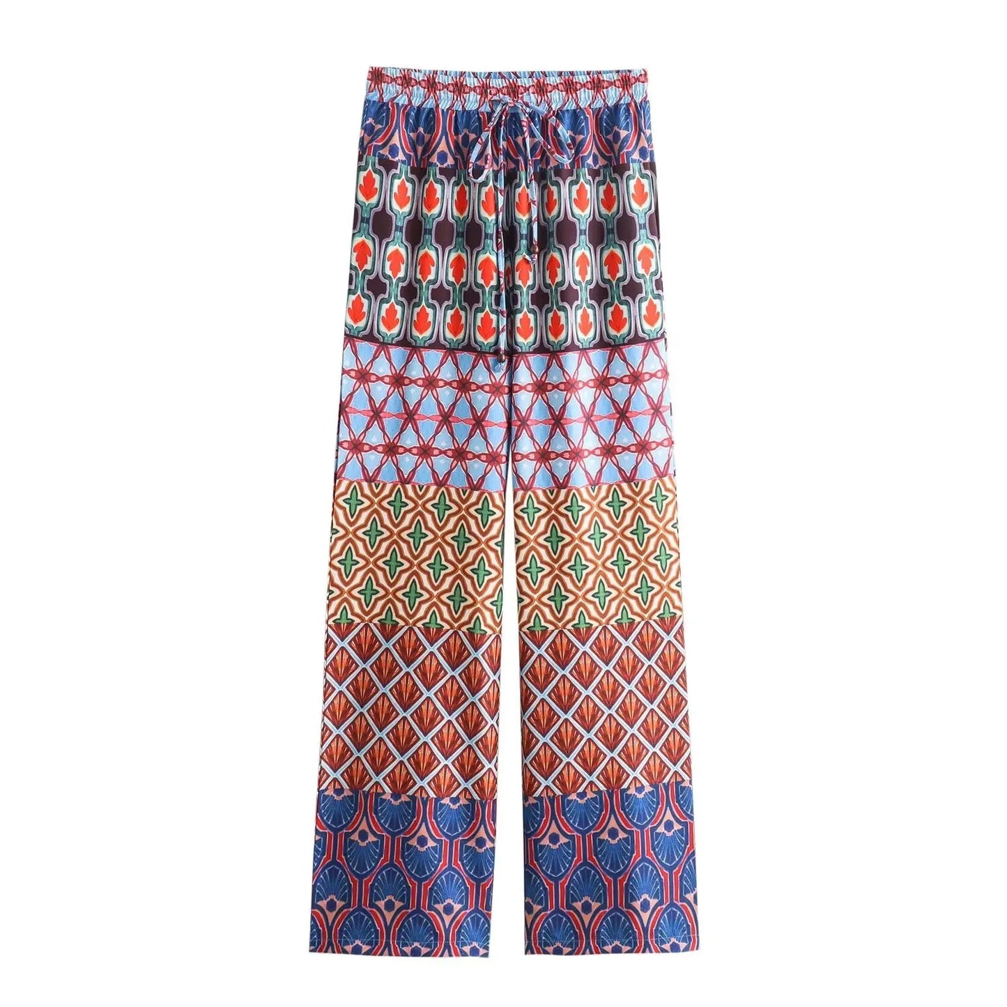 2 Piece Set Vneck Wide Long Sleeves Printed Crop Top Female Elastic High Waist Loose Pants