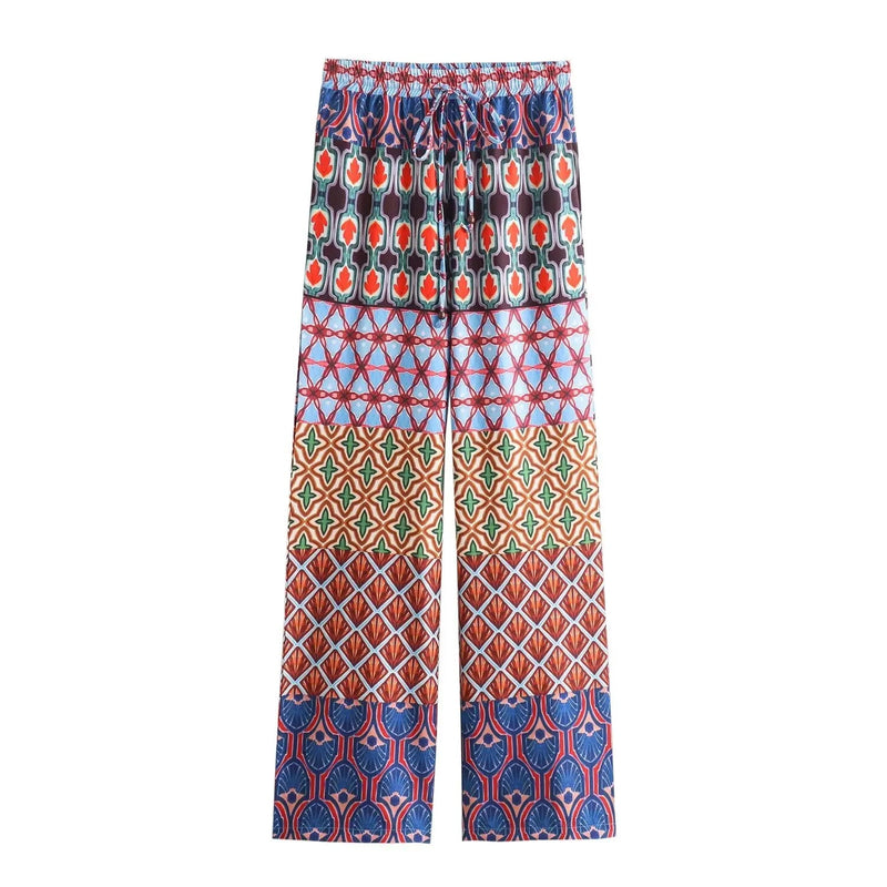 2 Piece Set Vneck Wide Long Sleeves Printed Crop Top Female Elastic High Waist Loose Pants