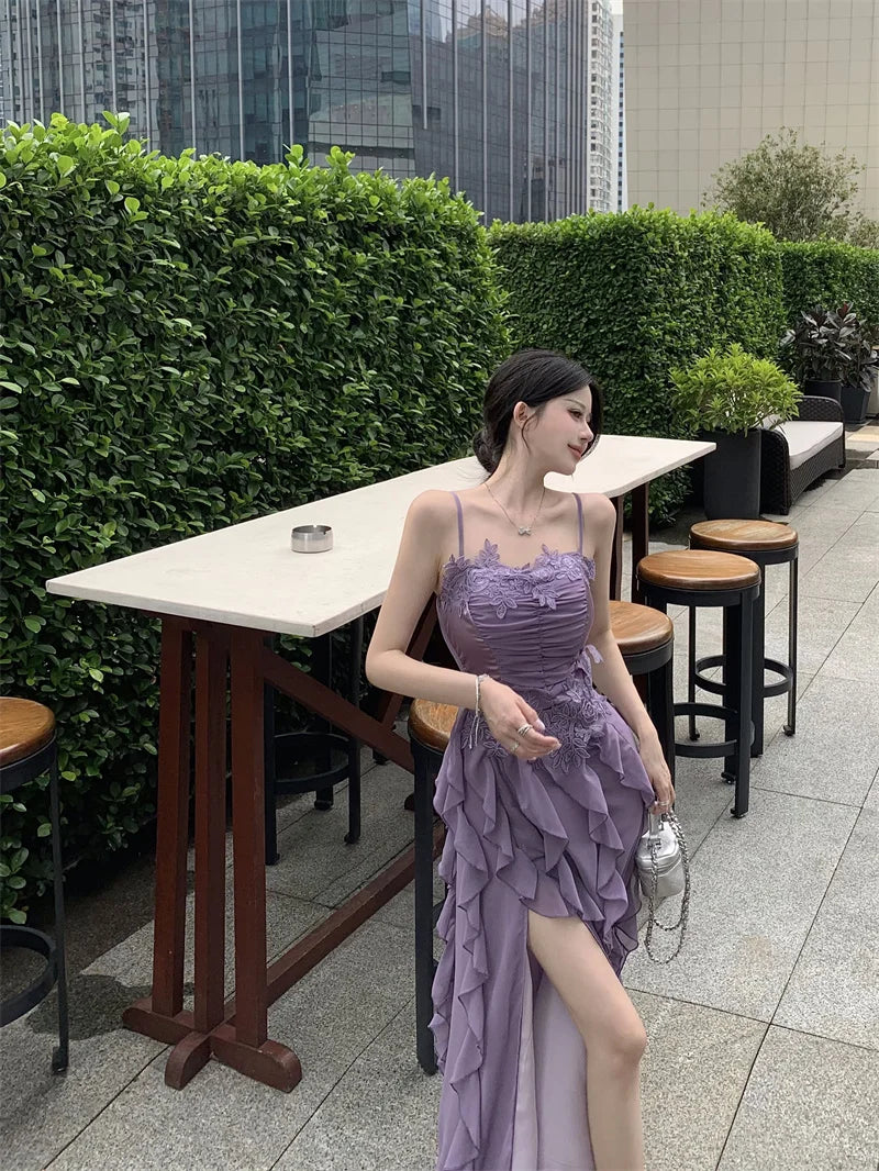 Korean Sweet Fairycore Long Dresses for Spaghetti Strap Ruffles Princess Party Dress Summer Slim Waist Vestidos