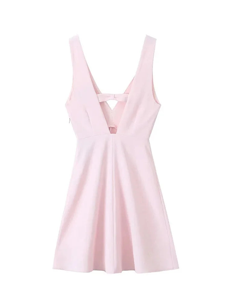 Summer Woman Vneck Mini Dress Slim Fit Aline Pleated Party Dresses Female Sleeveless Backless Tank Dress