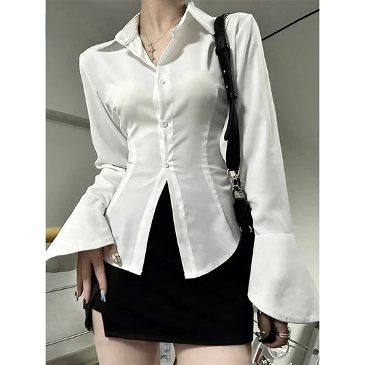 Bodycon Chiffon Shirt Turndown Collar Flare Sleeve Tunic Tops Bandage Design Female Blouses Spring
