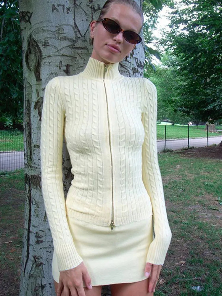 Knitted Zipper Sweater Woman Slim Fit Stand Collar Cardigan Sweaters Lady Autumn Versatile Street Knitwear