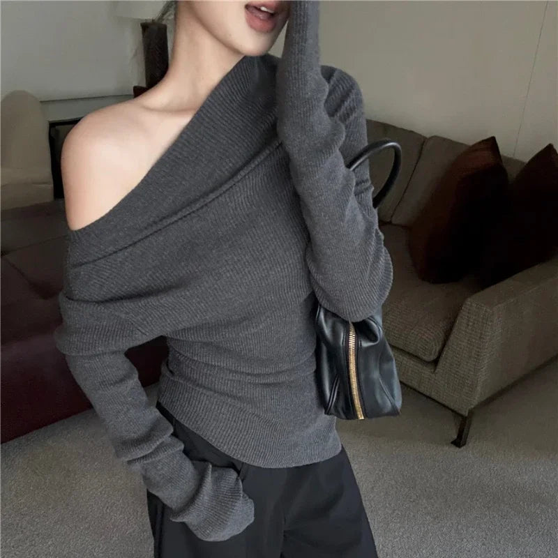 Korean Retro Strapless Asymmetric Longsleeved Sweater Spring New Slant Collar Pleated Slim Knitted Tops