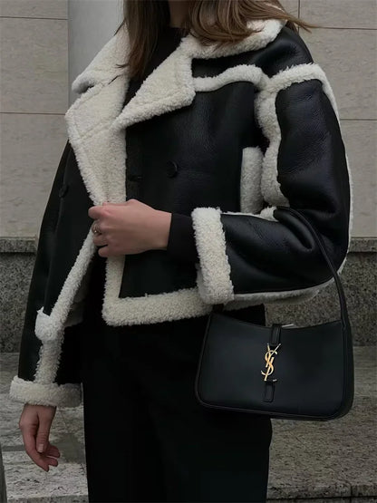 Pu Lapel Fluffy Oversized Sweater Outwear Winter Pocket Patchwork Contrast for Coat New