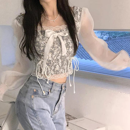 Cropped Shirts Bow Lace Patchwork Blouses Summer Korean Print Square Collar Bandage Long Sleeve Slim Tops