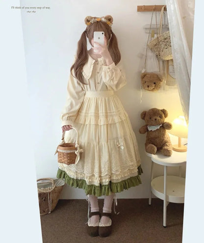 Embroidered Lace Ball Gown Skirts Bow Selvedge Lotus Leaf Skirt Clothing Sweet Age Reduction Kawaii Skirt