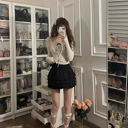 Kawaii Sweet Y2k Crop Tops Woman Slim Long Sleeve Blouse Korean Bodycon Pullover Office Lady
