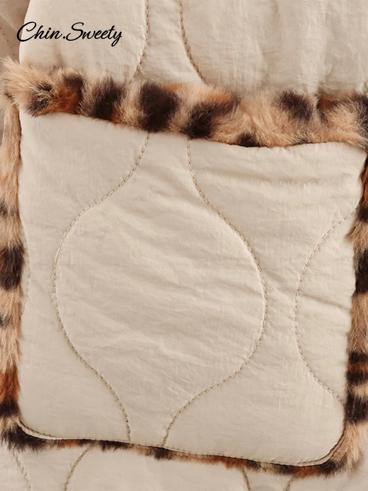 Leopard Double Side ’s Quilted Parkas Long Sleeve Lapel Fleece Button Padded Coat New Lady Thick Warm Outwear