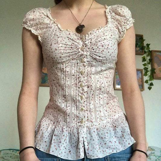 Print Ruched Aline Blouse French Style Singlebreasted Short Sleeve Top Slimming Tieup Collar Shirts