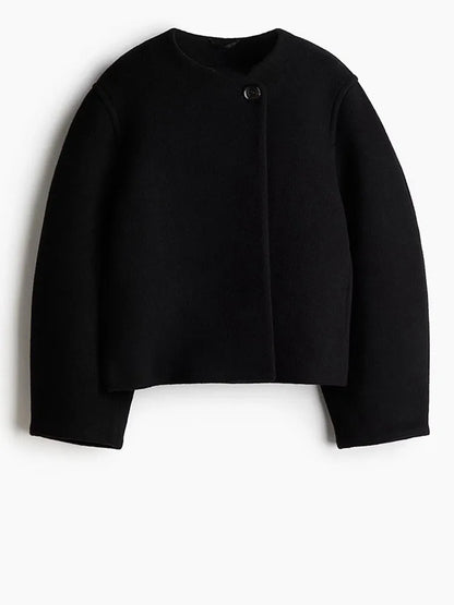 One Button O-neck Woolen Coats for Long Sleeve Cropped Oversized Jackets Lady High Street Outerwear New
