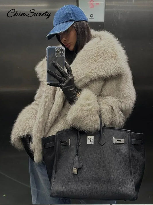 Winter Gradient Faux Fur Coat Big Fur Collar Pockets Loose Jacket Female Lady High Street Overcoats