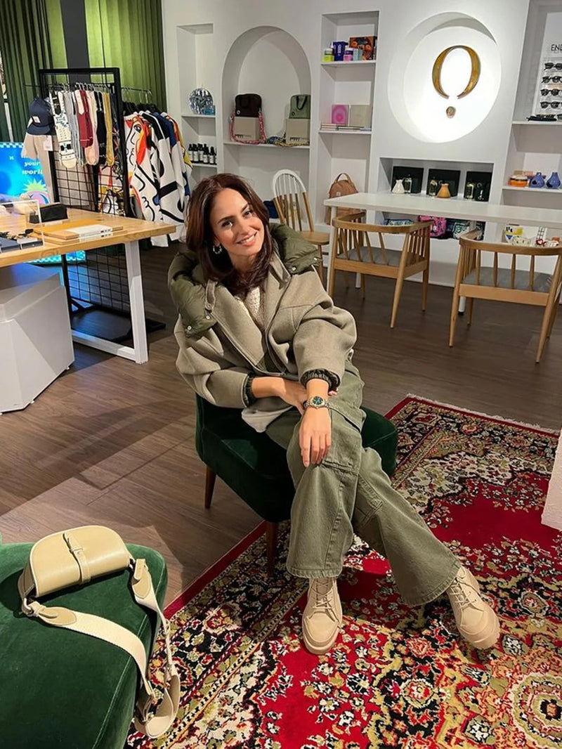 Detachable Hooded Patchwork Jacket Woman Long Sleeve Drawstring Hem Loose Coat Spring Color Simple Outerwear Top
