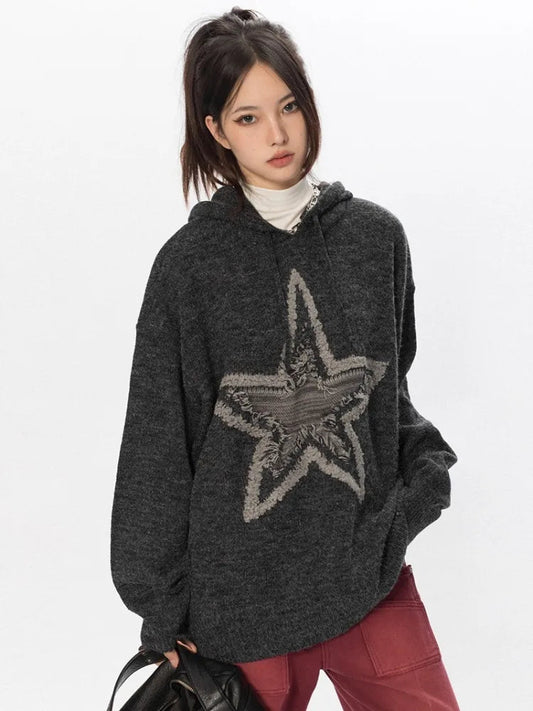 Star Graphic Knitted Hoodie Loose Long Sleeve Sweater Pullover for Autumn Harajuku Tops