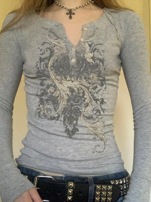 Retro Flower Print Button V-neck ��s Top Long Sleeve Y2k Basic All-match Slim S New Blouse