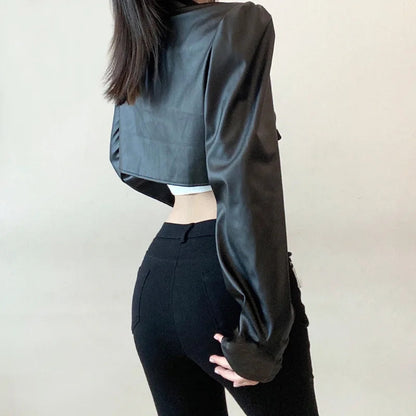 Punk Style Buckles Black Pu Leather Jacket Spring Autumn Smock Cropped Coat Cardigan Outfits