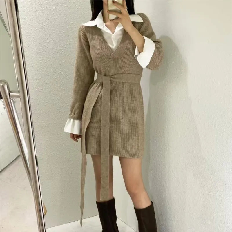 Korean Mini Dresses Turn-down Collar Long Sleeve Shirt Patchwork Autumn Winter Knitted Dress Vestidos