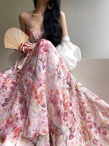 Suspender Dress French Exquisite Print Summer Vacation Seaside Swing Long New Long Dress