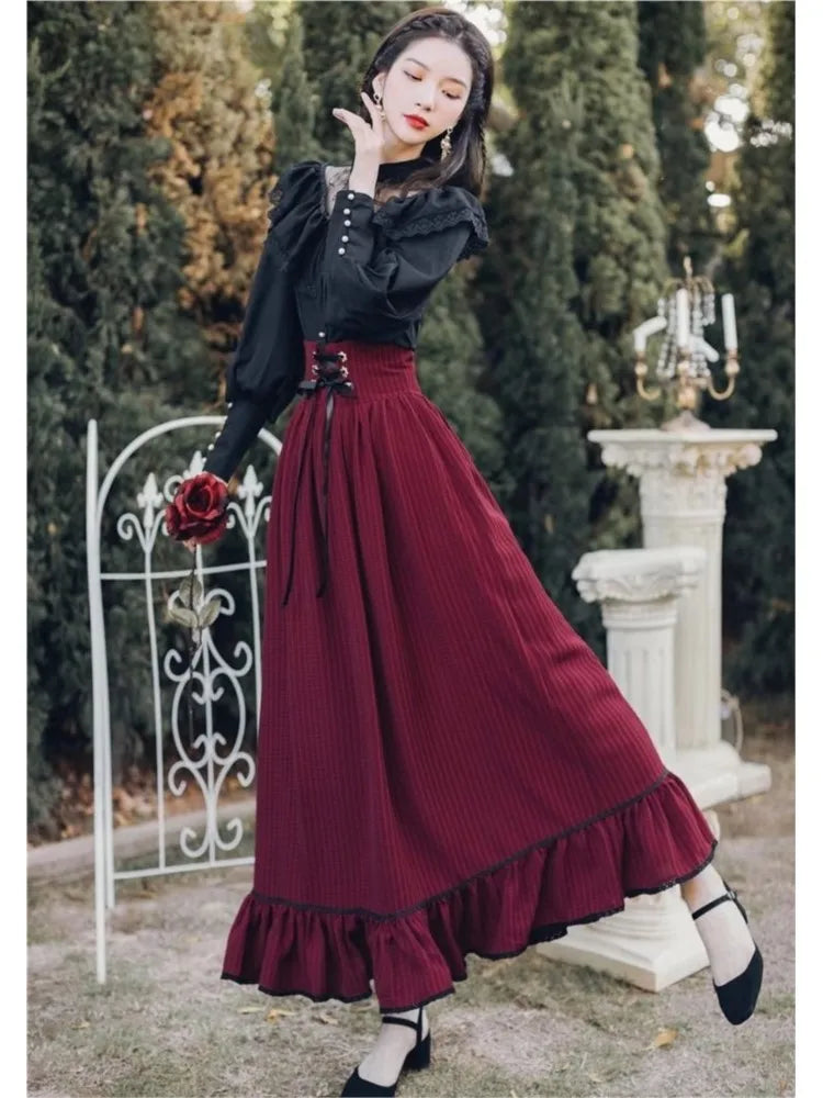 Gothic Two-piece Skirt Sets Black Lace Ruffle Blouse Lace-up Midi Skirt Autumn New Court Retro Suits Y2k Outfits