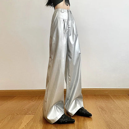 Silver Retro Matte Personalized Allmatch High Street Cool Confident Autumn Wide Leg Pants